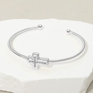 CZ Stone Paved Cross Accent Cuff Bracelet